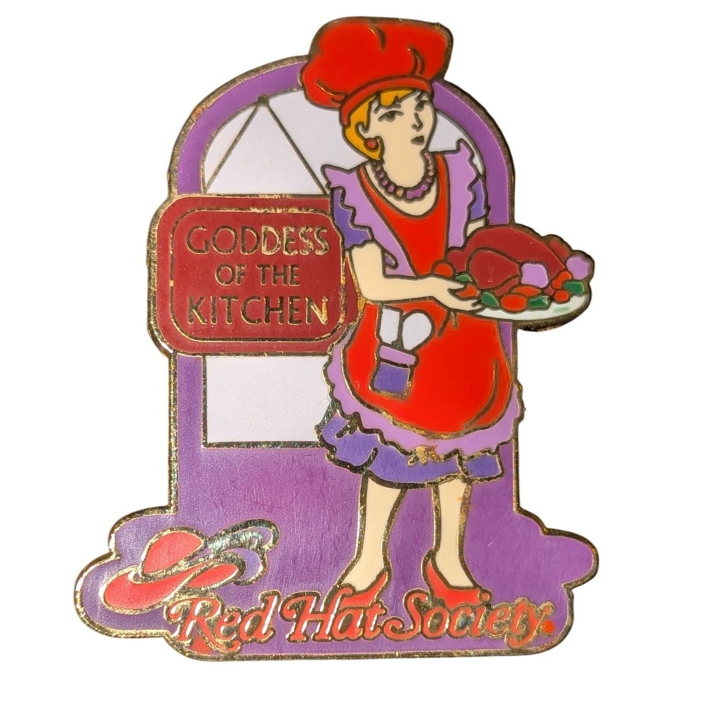 Red Hat Society Goddess of the Kitchen Enamel Pin Purple Red Retro Kitsch Chef
